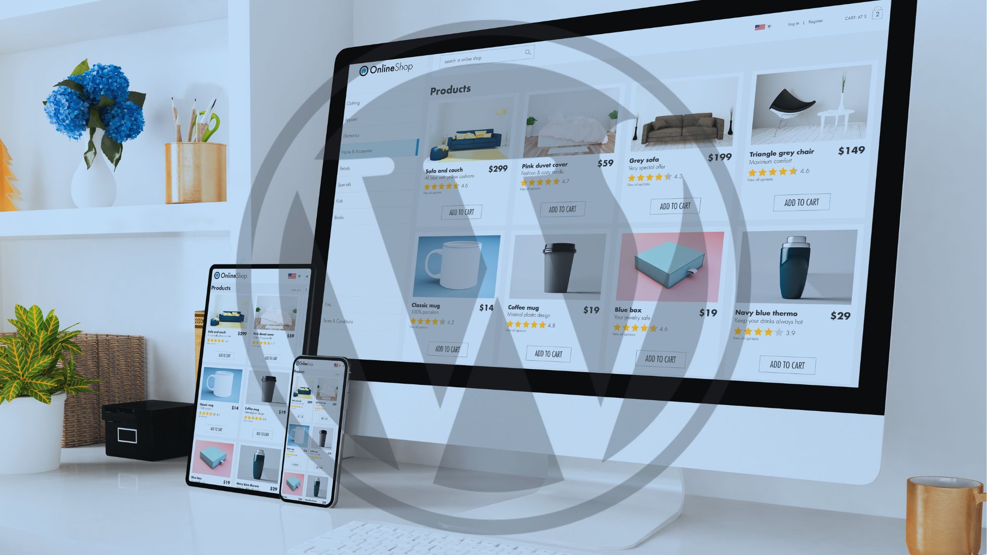 Screens displaying a website